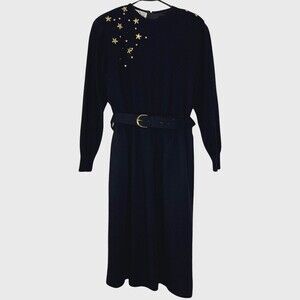 Vintage Ciao Womens Holiday Dress 10 Black Wool Gold Beaded Stars Belted Midi